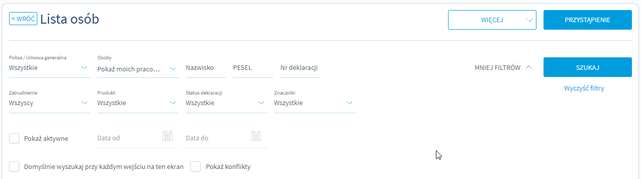 Lista osob wszystkie filtry